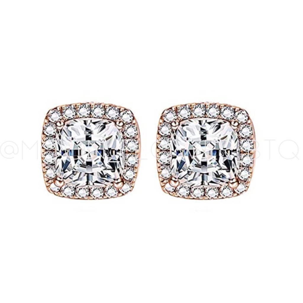 18k Rose Gold Halo Square Stud Earrings